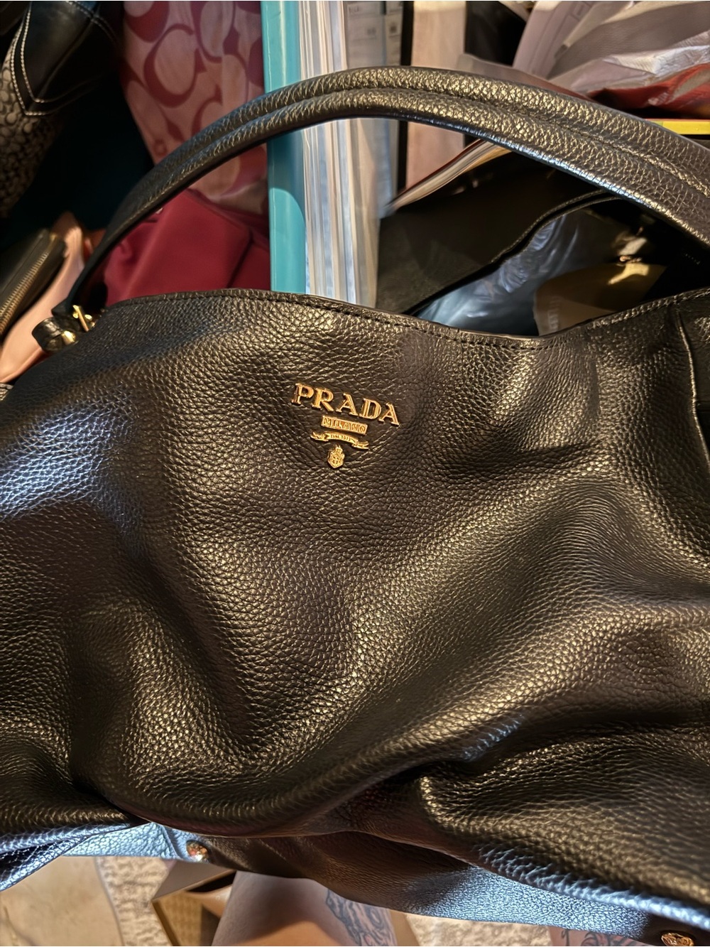 Prada Black Pebbled Leather Shoulder Bag with Gold Logo